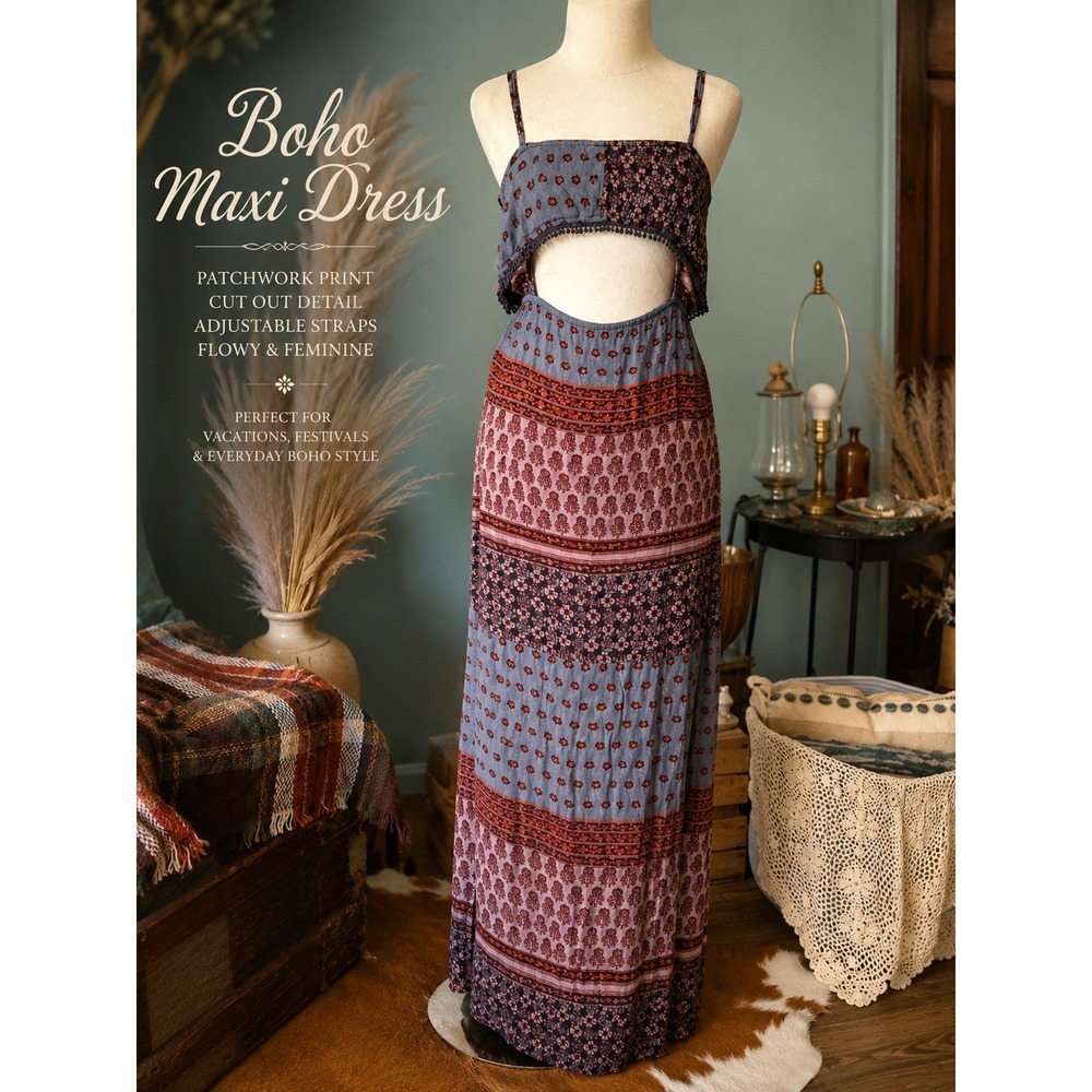 Boho Floral Pom Pom Trim Cutout Back Maxi Dress Purple M
